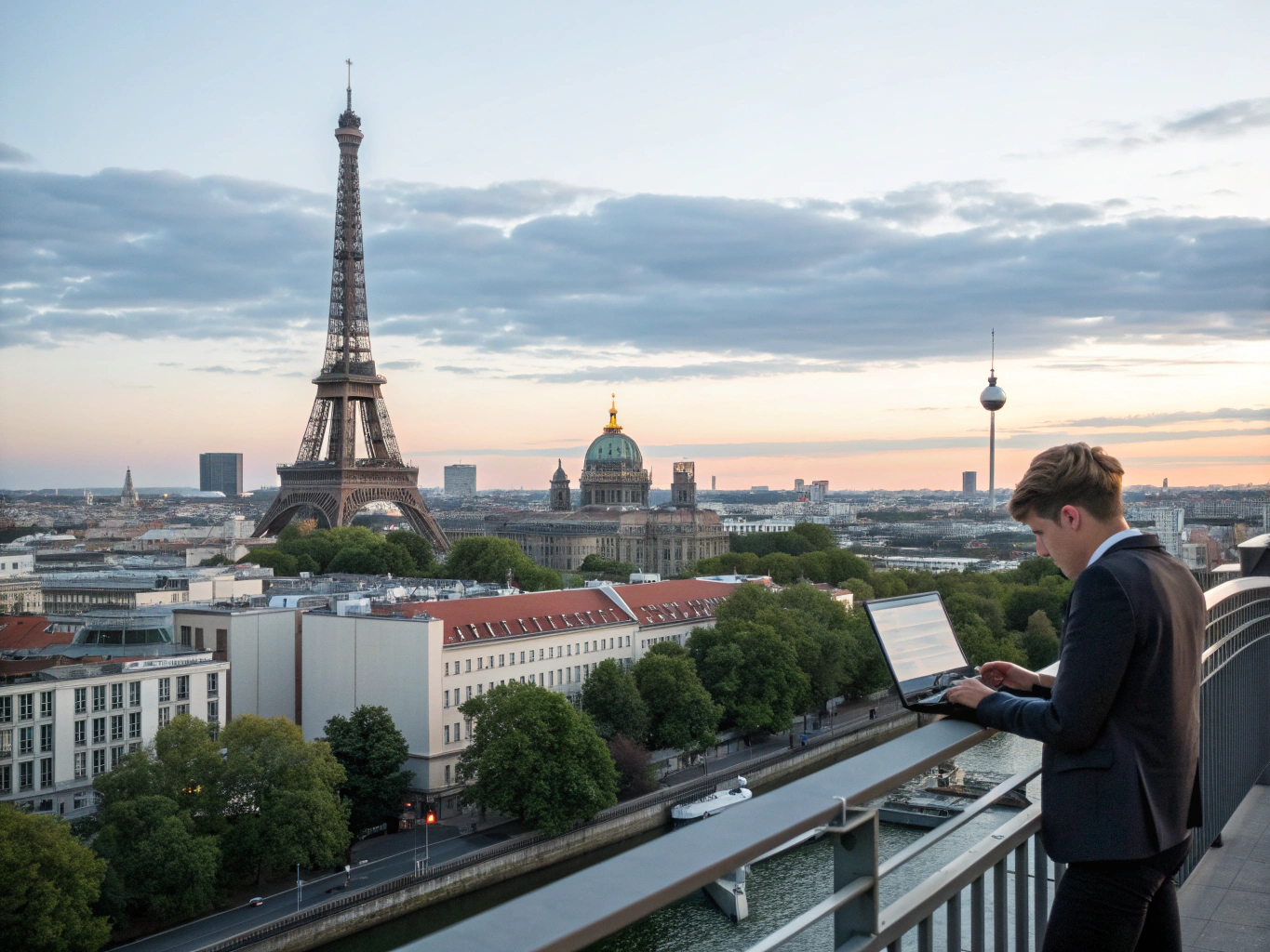 Workers in European cityscape